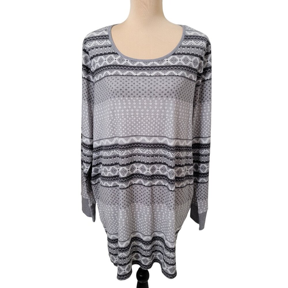 Cacique Size 18/20 Gray & Black Patterned Waffle Knit Long Sleeve Pajama Top NEW